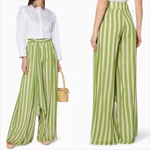 PatBO Green Striped Wide Leg Tie Waist Pants Resort Wear Palazzo Trousers Sz. 0 - Picture 2 of 15